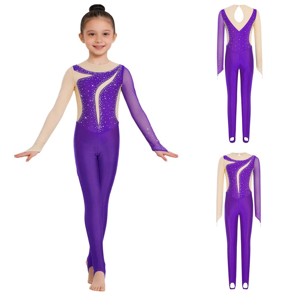 Tuta da Ginnastica per Bambine Maniche Lunghe Fori per le Dita Foro sulla Schiena Patchwork in Rete Strass Lucidi Color Block Body da Danza per Performance