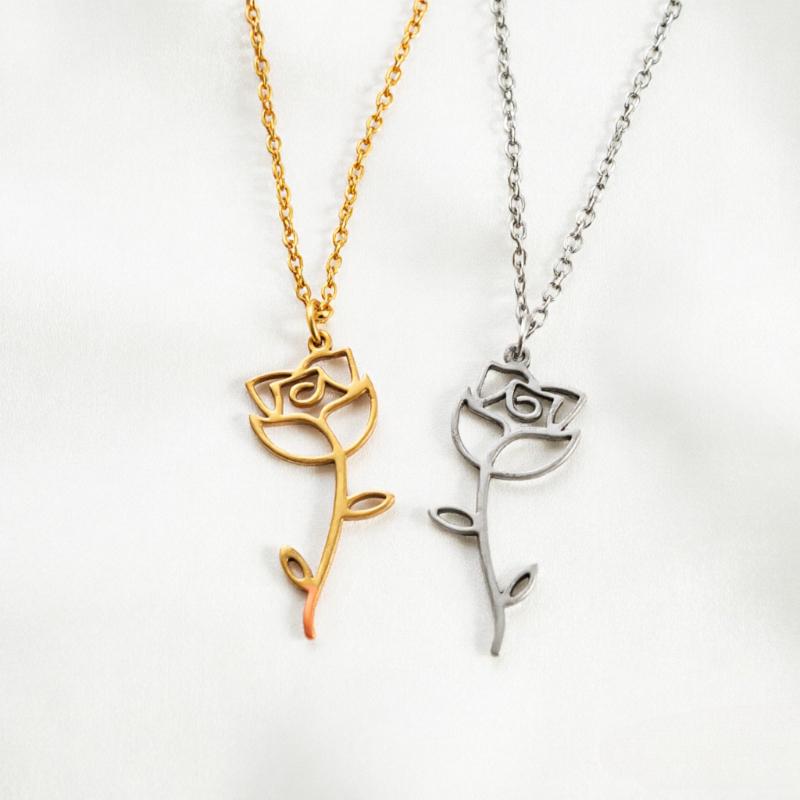 Stainless Steel Necklace Fashion Month Birth Flower Necklace for Women Fashion Rose Daisy Pendant Necklace Jewelry Gift