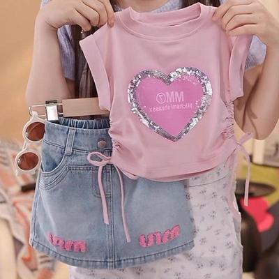 Girls' Summer Pink Love Heart Sequin T-shirt - Slim Fit, Cute Short Sleeve with Cinched Waist