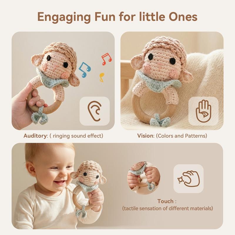 Topmix Unisex Infant Wooden Teether Baby Teething Ring Bpa-Free Animal Crochet Rattle Montessori Children's Toy Newborn Gift Crocheted Sheep Rattle