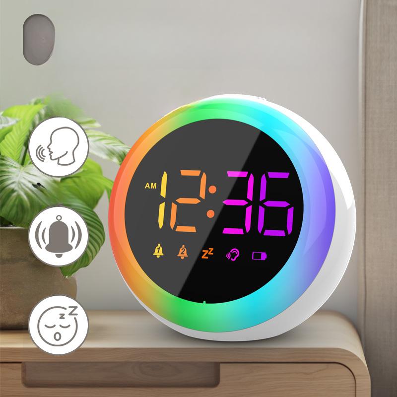 Voice Controlled LED Digital Electronic Clock Desktop Alarm Clock for Primary and Secondary School Students Rainbow Color Changing Bedside Clock