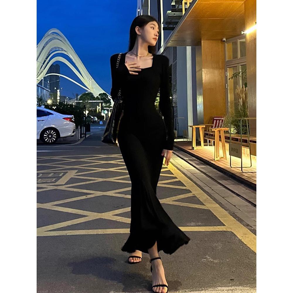 Tall slightly pulled sleeves, fishtail hip-wrapped dress, women's autumn temperament, advanced sense, slim step-by-step lotus super long dress