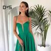 Lady Evening Dress Low-cut Collarless Lace-up Hollow Back Sleeveless Pleated Spaghetti Strap Floor Length Maxi Dress Slim Fit High Slit Solid Color