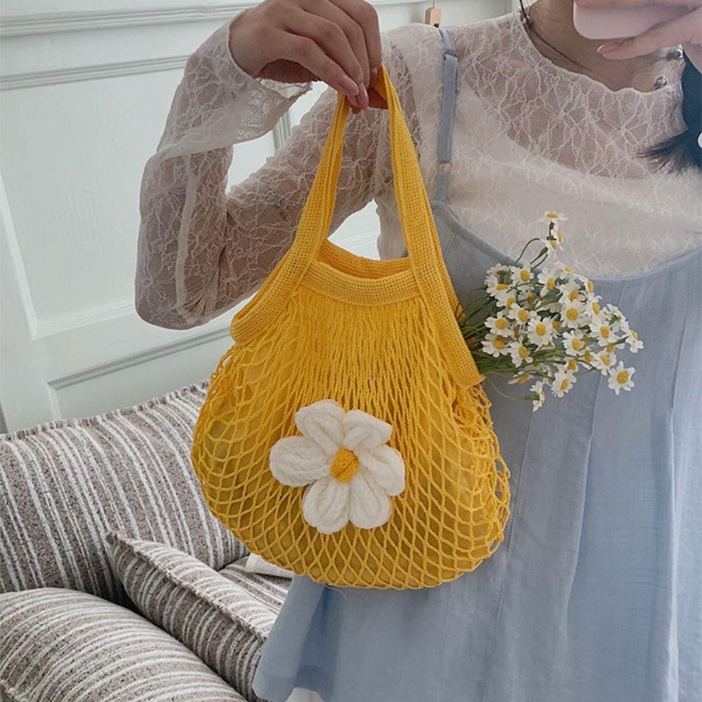 Summer Woven Handbag Flower Nylon Mesh Tote Bag Sweet Grocery Bag  Women