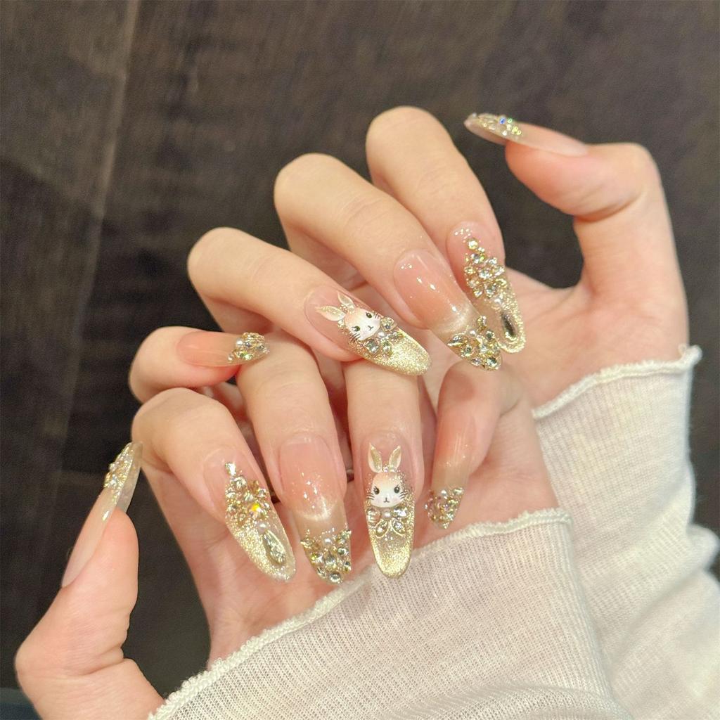 10 Pcs Glossy Long Oval False Nails with Rhinestone Decor Press On Nails 3D Bunny Design Artificial Nails For Women Girls