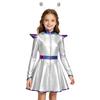 Girls Halloween Alien Costume Long Sleeve Zip Up A Line Dress Belt Hair Hoop Shiny Metallic Robot Outer Space Costume for Party