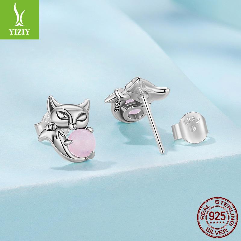 S925 Sterling Silver Pink Fox Stud Earrings, Exquisite And Small Animal Stud Earrings For Women