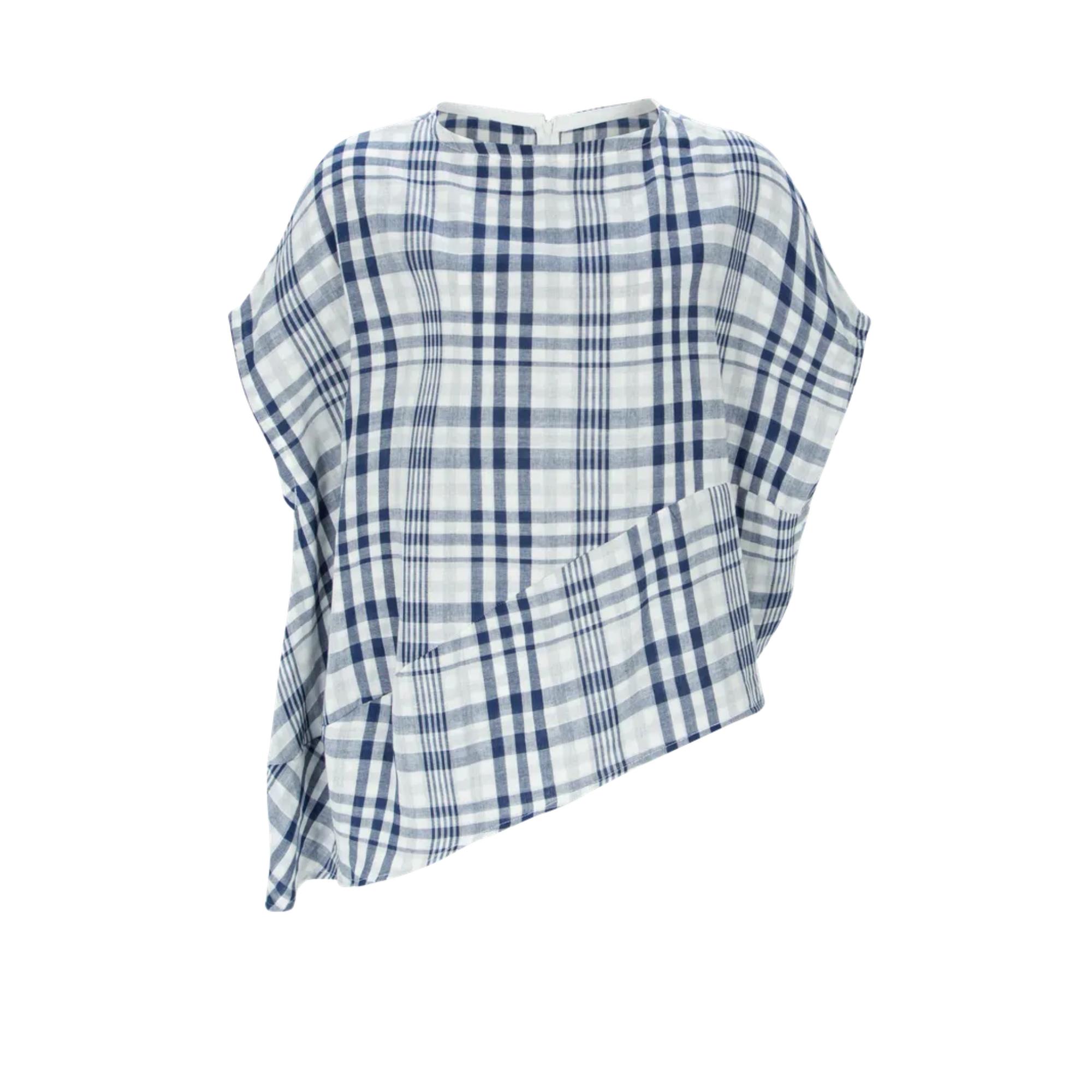 Cashmian Gift Cotton Check Asymmetrical Blouse Blue/Free