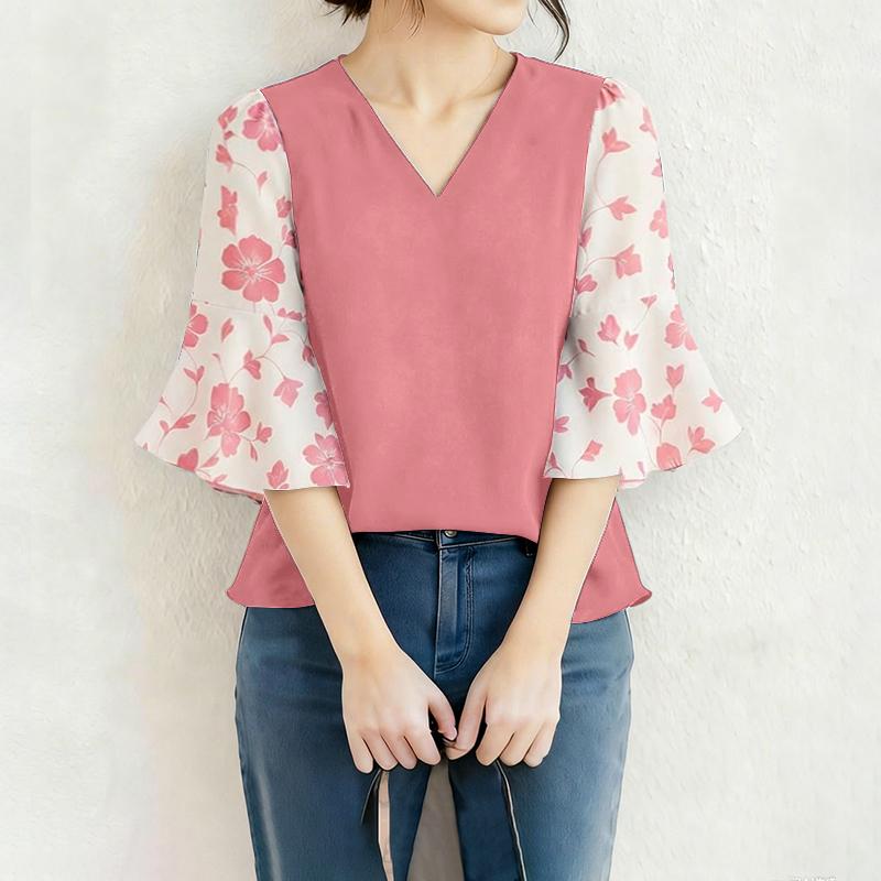 ZANZEA Women Casual V-Neck Print Splice 3/4 Sleeve Loose Blouse