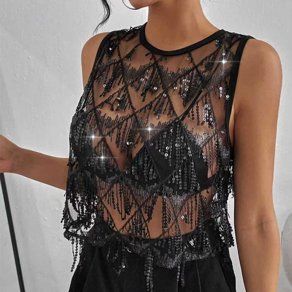 Embroidery Crop Top Fringe Sheer Camisole Casual Sequin Vest Tops  Hot Grils XL