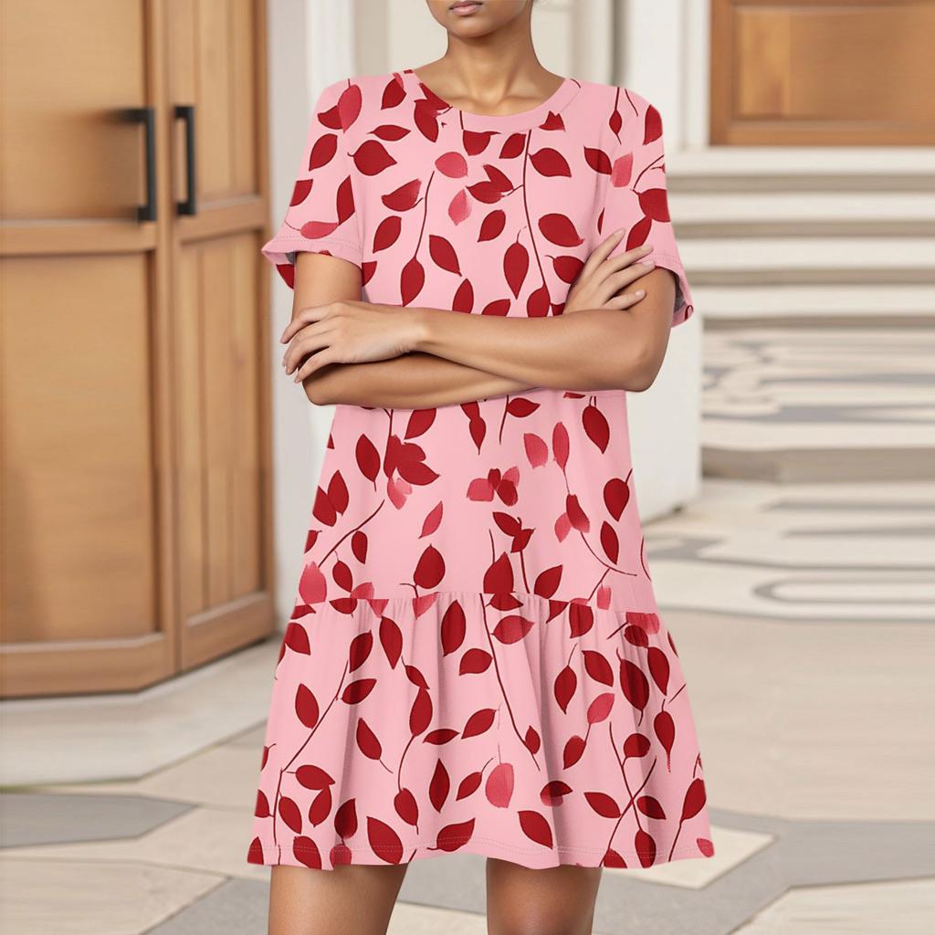 Damska Moda Casual Sukienka z Okrągłym Dekoltem i Krótkim Rękawem z Nadrukiem Liści i Kwiatów