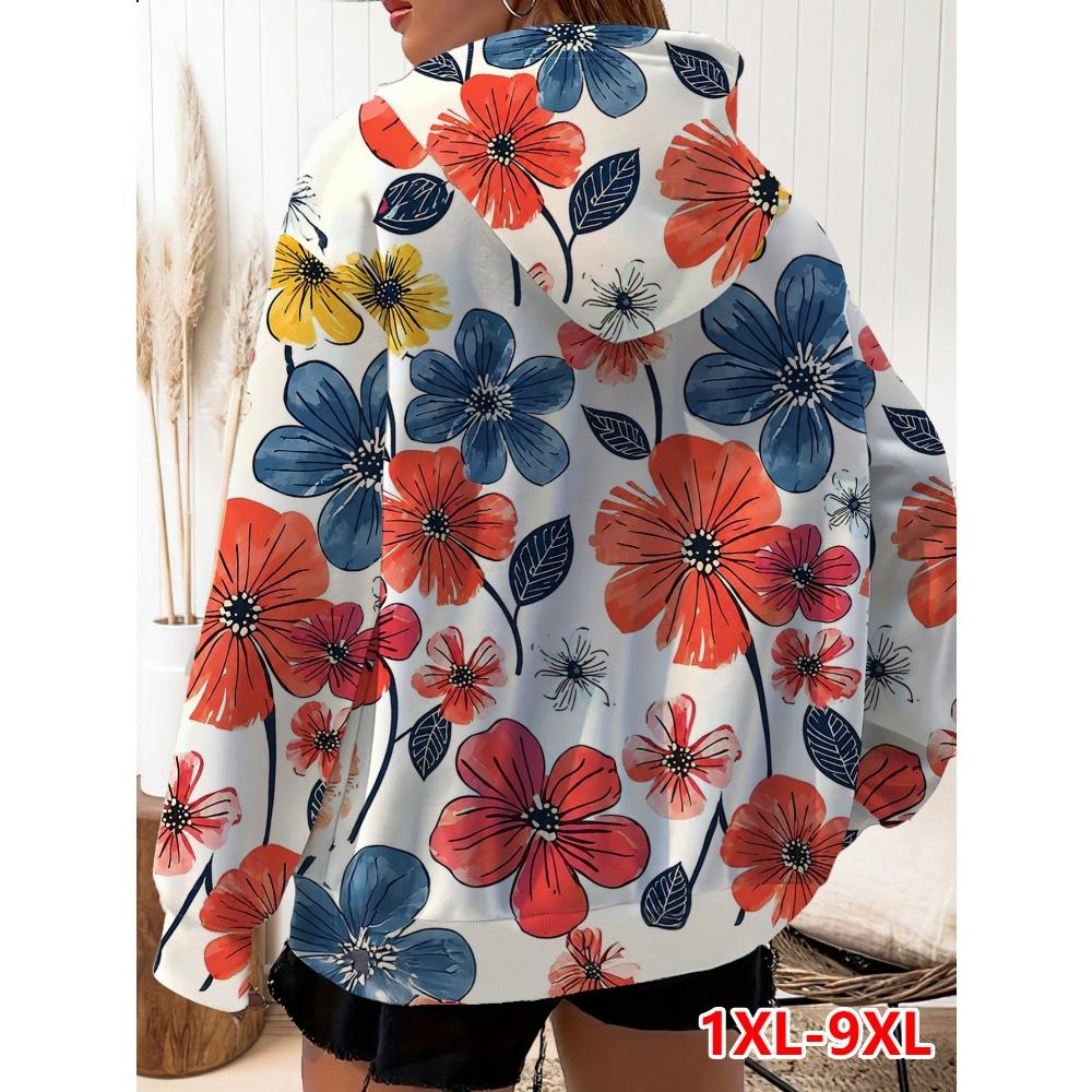 Plus Size Women's Floral Print Zip Hoodie/Loose Casual Cardigan Top
