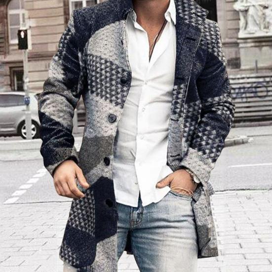 Men Overcoat Plaid Single-breasted Turndown Collar Long Sleeves Slim Mid-length Jacket Coat Streetwear