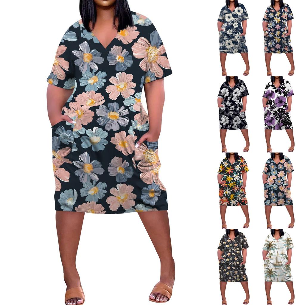 Summer Plus Size V Neck Short Sleeve Knee Pocket  Print Casual Dress For Women