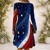 Women Dark Blue Galaxy Printed Criss Cross V Neck Long Sleeve Fitted Curved Hem Dress