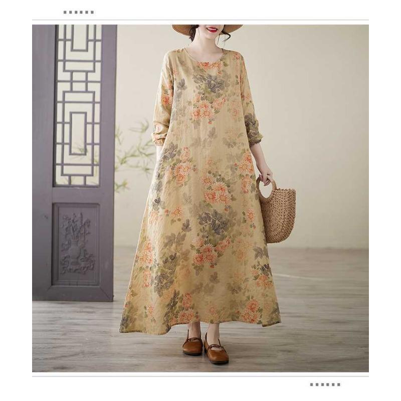 Printed Round Neck Loose Plus Size Long Sleeve Plus Size Vacation Dresses