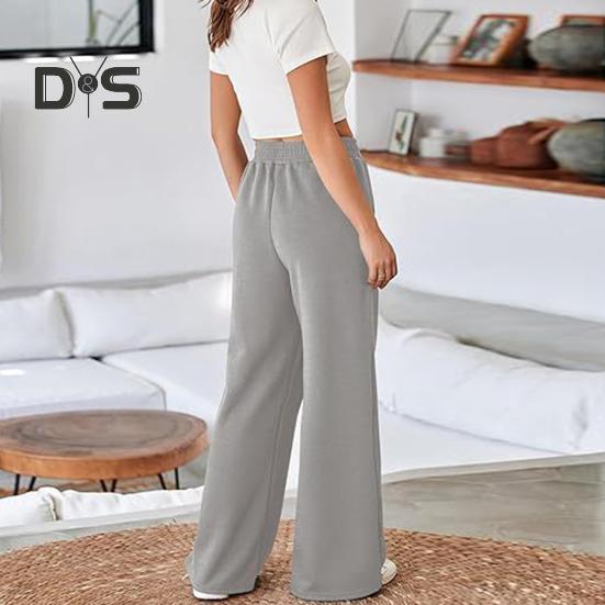 Damenhose, elastisch, hohe Taille, gerades weites Bein, lange Hose, einfarbig, lockere Passform, lange Hose mit Taschen, für den Alltag