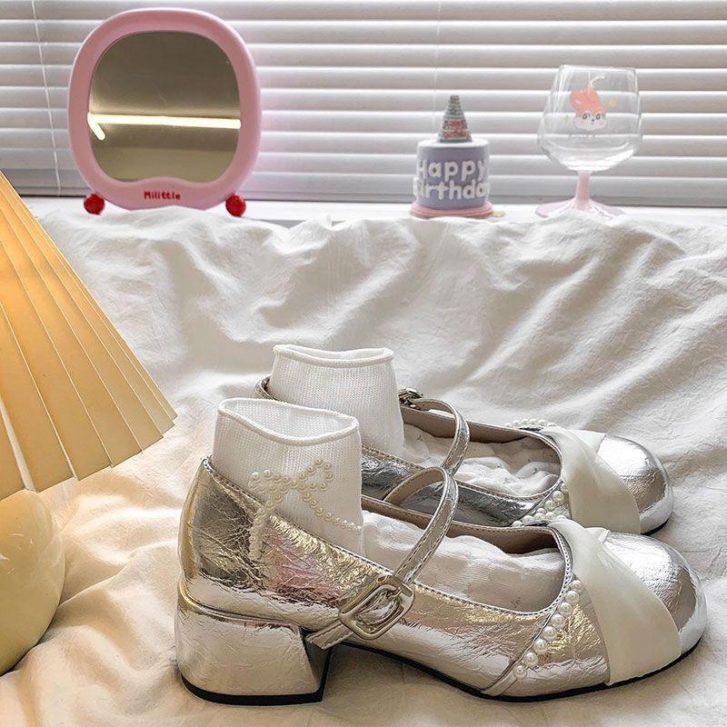 Beautiful silver Mary Jane high heels women's 2025 autumn new ballet temperament thick heel with skirt jk single shoes