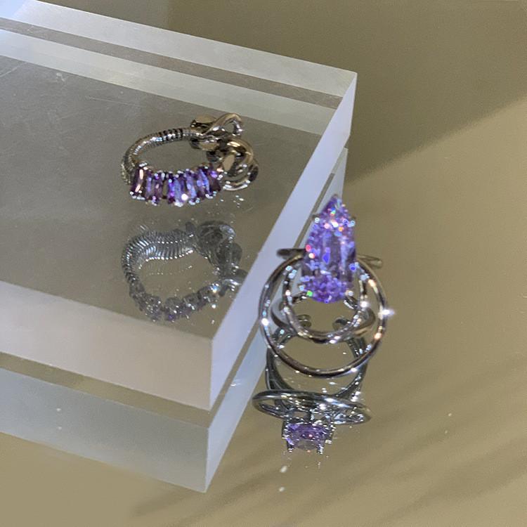 Irregular Purple Water Drop Rhinestone Zirconia Chain Ring For Women Stylish Fashion Accessory