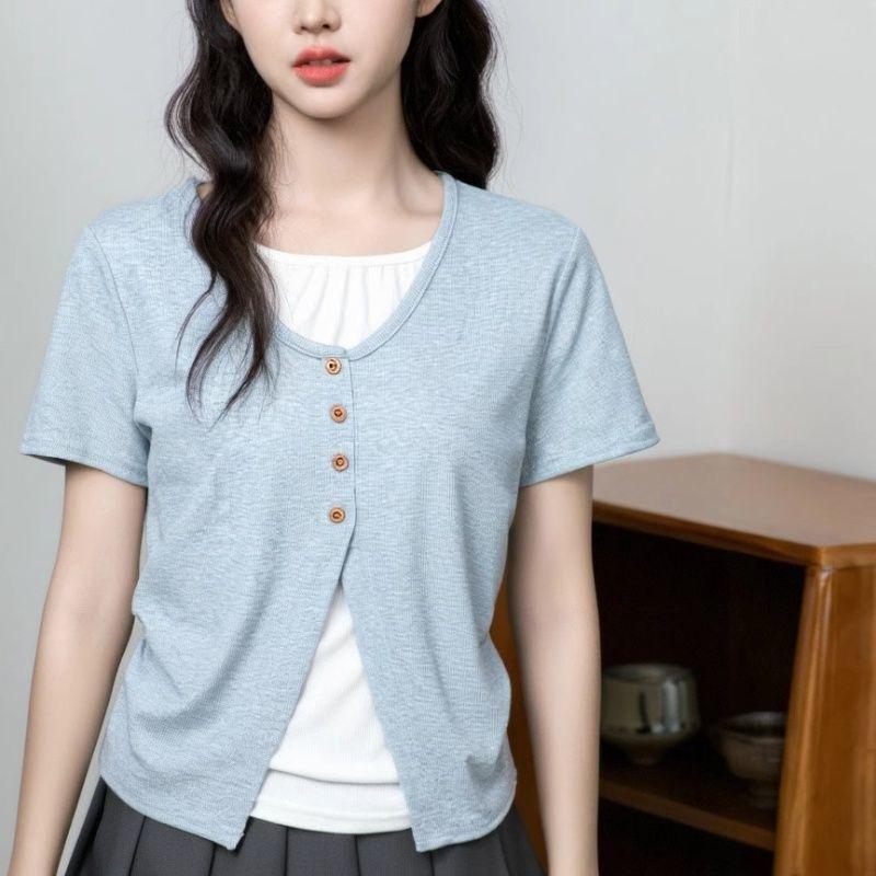 

Женские футболки с коротким рукавом, нерегулярный дизайн с контрастной цветной вставкой, топы, летние новые женские пуловеры XL