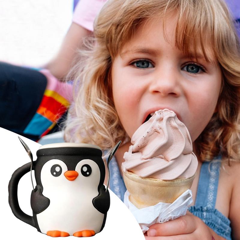 Ice Cream Holder 16oz Ice Cream Cup Spoon Slot Secret Snack Drawer Cute Penguin Design Storage Organizer For Snack Dessert Home