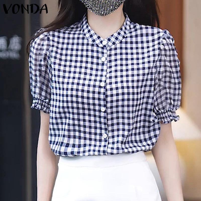 

VONDA Women Summer Stand Collar Short Sleeve Plaid Loose Blouses 2XL красный