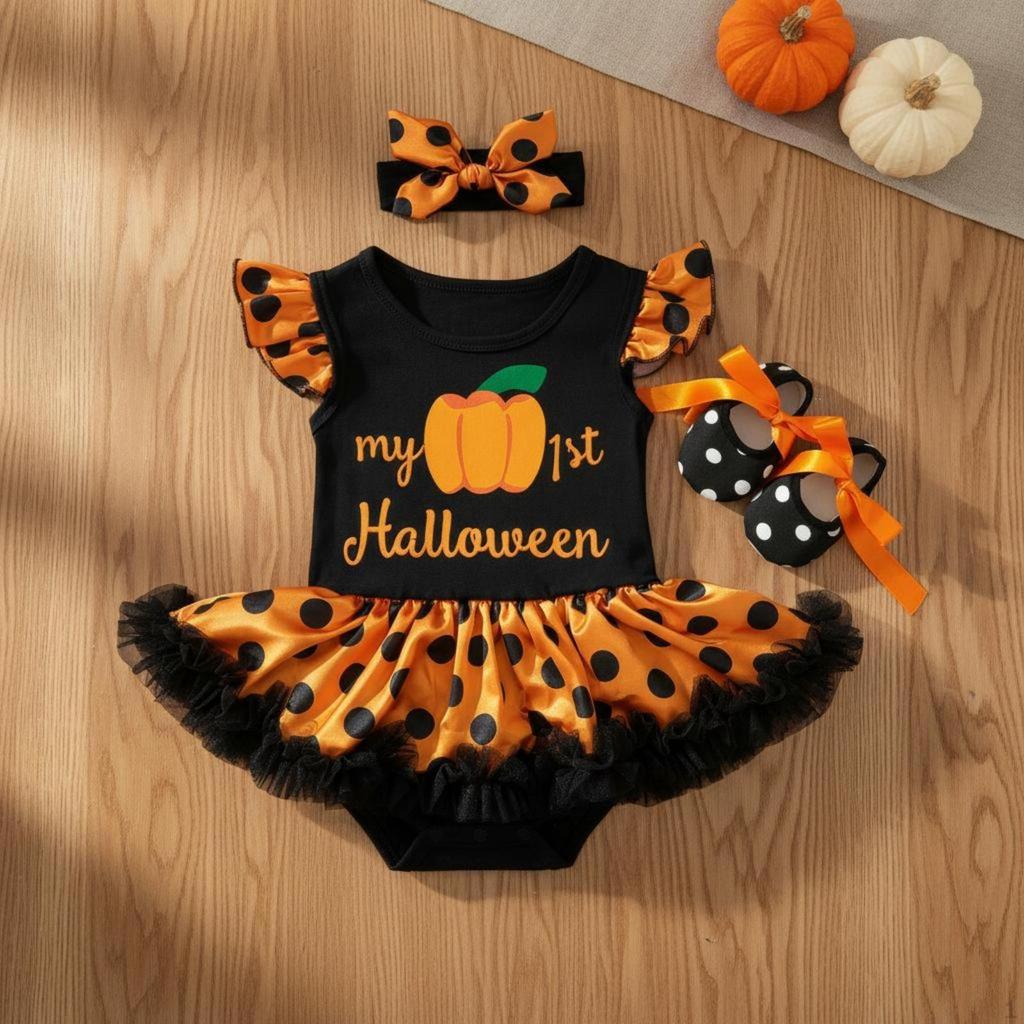 3 Pieces Fluttering Sleeve Tutu Romper Voluminous Tulle Skirt Infant Girl Halloween Costume