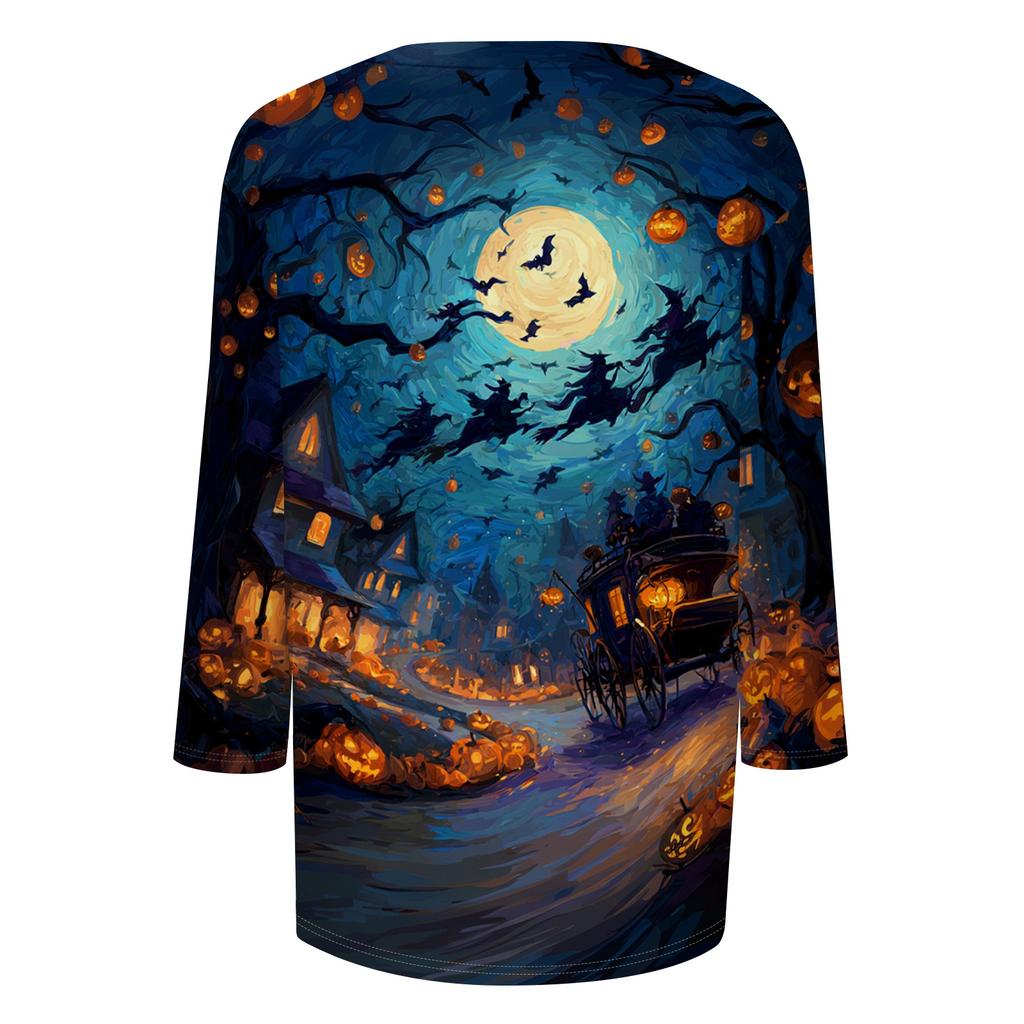 Women's Halloween Print Shirt Three Quarter Sleeve Round Neck Loose Casual Blouse T Shirt Suitable for Seasonal Wear and Everyday Use