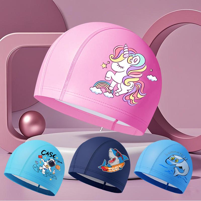 Comfortable Waterproof PU Swim Cap for Kids with Cartoon Print & Hair Protection
