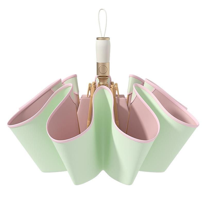 Fully automatic rounded corner anti-poke and anti-rebound section folding umbrella for women, folding sunshade umbrella with colored rubber,
