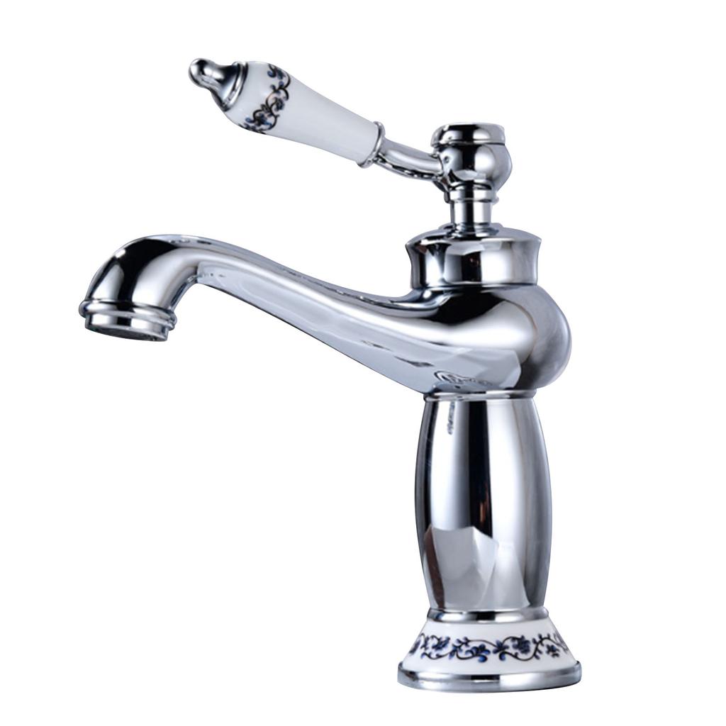 Ceramic Antique Brass Faucet Single Handle Blue White Porcelain Long Neck Faucet Durable Mixer Sink