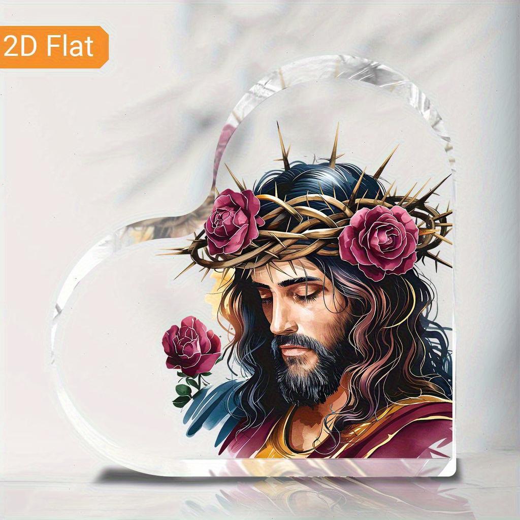1pc Heart-Shaped Acrylic Easter Ornament - Art Deco Jesus Design with Thorny Crown & Floral Accents, Inspirational Christian Desk Decor for Home