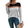 Womens Striped Long Sleeve T-Shirt Winter Casual Round Neck Pullover Top Milk Silk Fabric Slim Fit