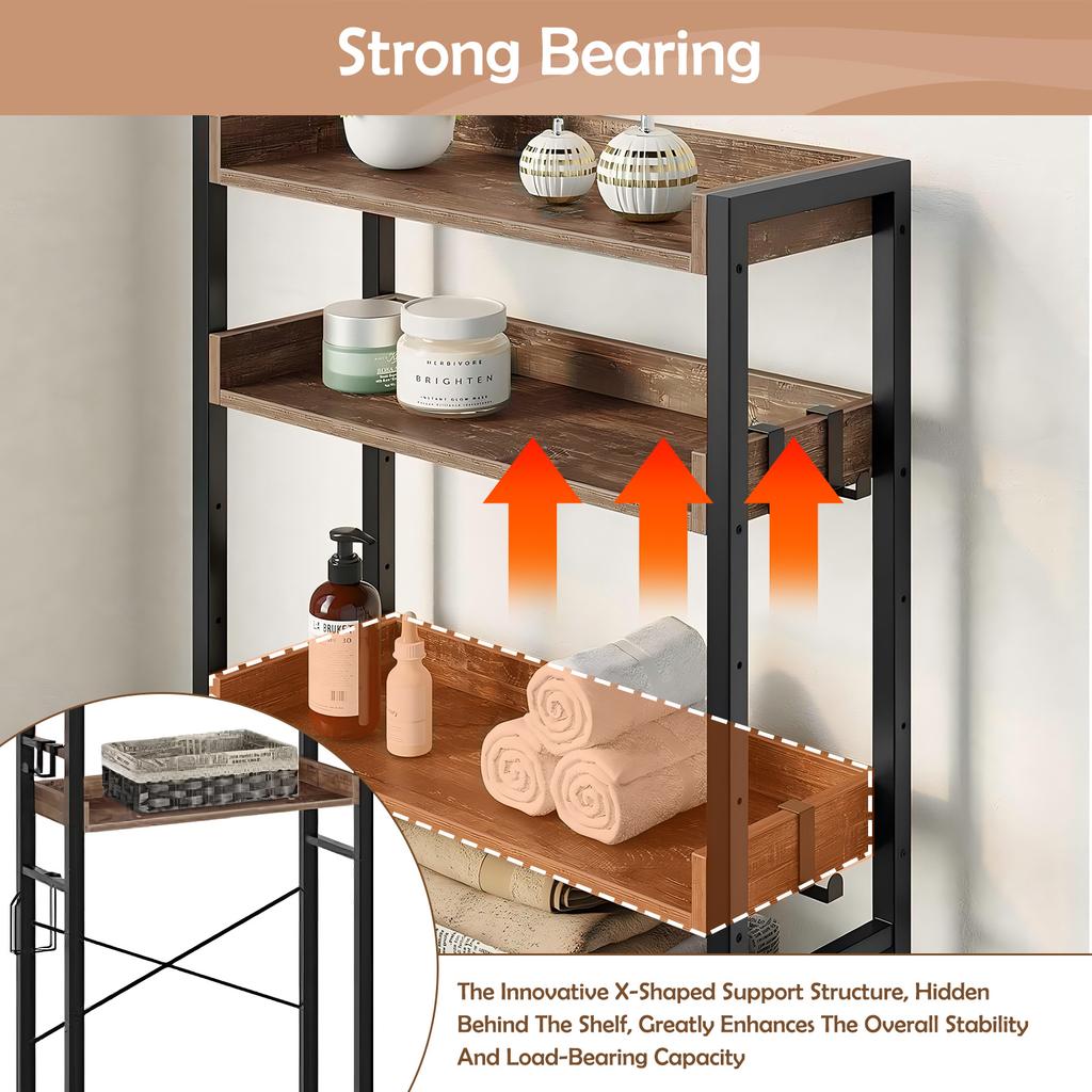 4-Tier Over-The-Toilet Storage Rack Freestanding Bathroom Organizer Freestanding Space Saver Toilet Stand with 4 Hooks