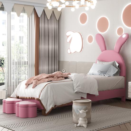 Polsterbett 90x200, mit zwei Stauraumhockern, LED-Nachttischleuchte, Ausklappbare Hasenohren, Ohne Matratze, Jugendbett, Lattenrost, Höhenverstellbar