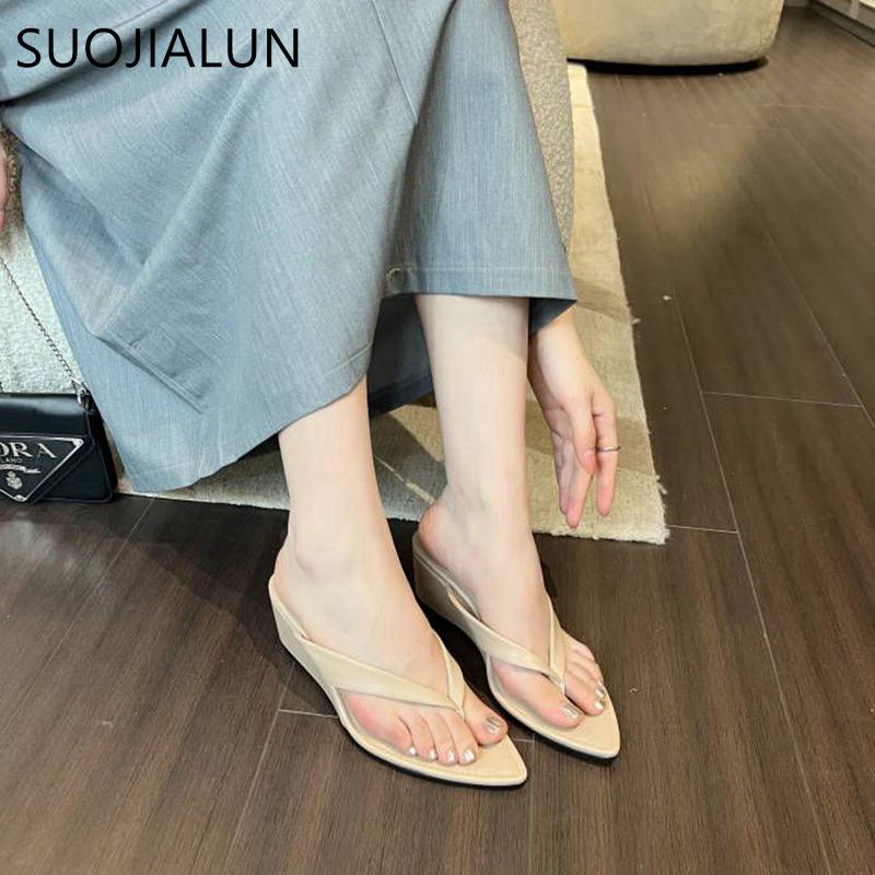 Fashion SUOJIALUN 2024 Summer New Brand Women Slipper Fashion Pointed Toe Slip On Flip Flop High Wedge Heel Ladies Beach Slides Shoes