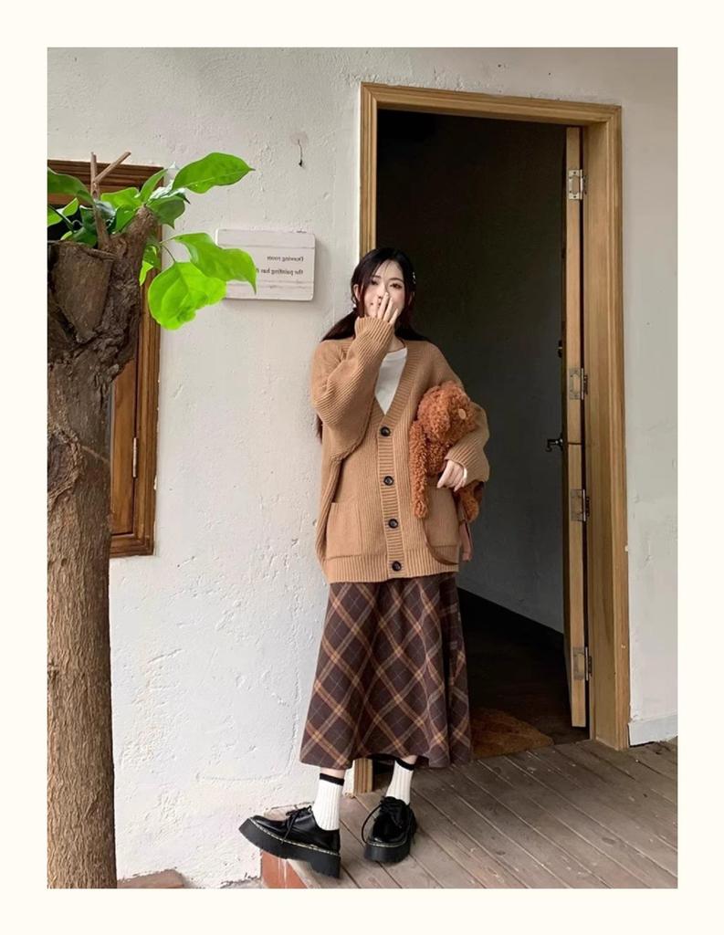 Women's Retro Plaid Three-Piece Set: Sweater Coat, T-Shirt, and A-Line Midi Skirt