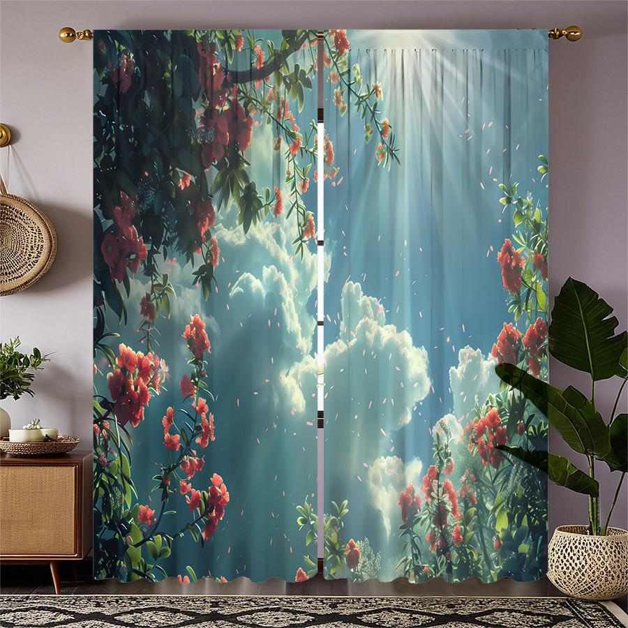 2 Pcs Flowers and the Sky print curtains,suitable for bedroom,living room kitchen decoration,home decoration,window decoration