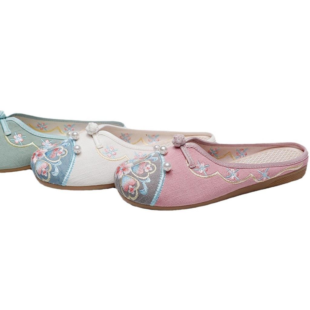 Slippers, Flat Bottom, Embroidered Cloth Shoes, Women's Shoes 2025 Summer New Ethnic Style with Hanfu Home Furnishing