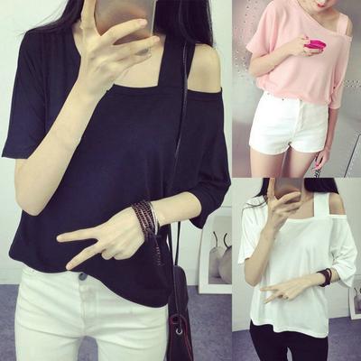 Summer Women Girls Off Shoulder Hollow Out T-Shirt Half Short Sleeve Tops Solid