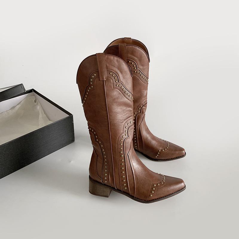 

Универсальные классические сапоги на толстом каблуке в стиле ретро, женские, новинка лета 2025 года, остроносые, тонкие и высокие сапоги-рыцари с V-образным вырезом 42 коричневый