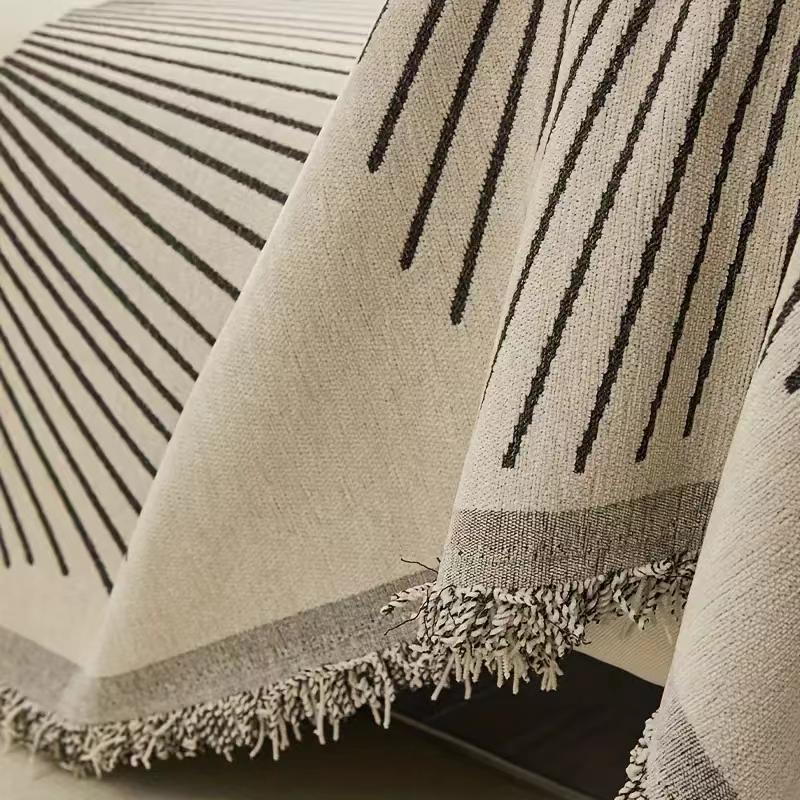 Line Pattern Sofa Towel, Living Room 3 Seater Sofa Cover, Sofa Cover Protector Full Cover One Piece Tassel Edge Decoration
