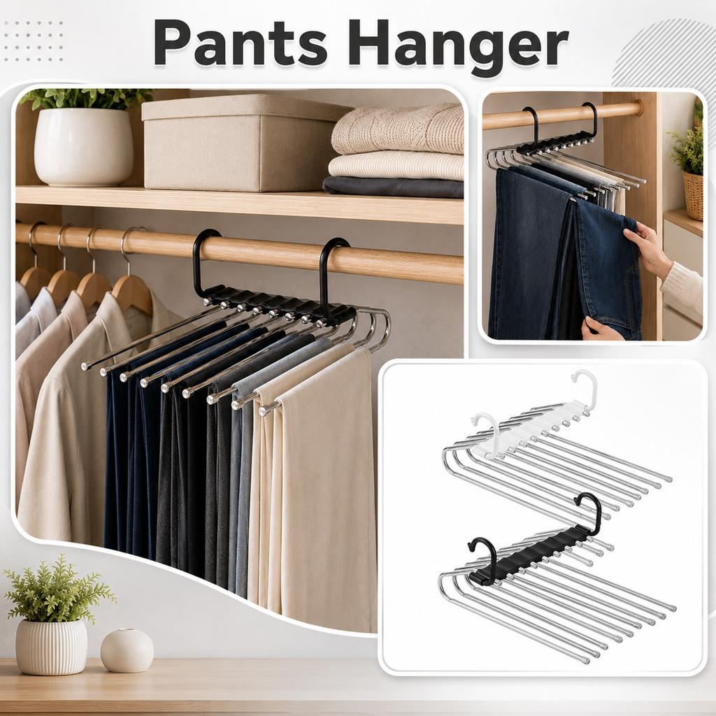 Multi Layer Pants Hanger with 9 Hooks Metal Clothes Organizer Space Saving Closet Rack for Trousers Scarves and Towels