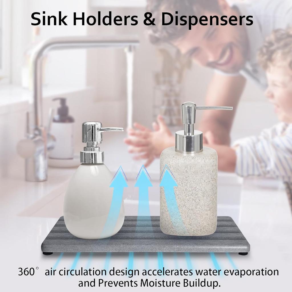 Set of 3 Diatomite Hand Soap Holder, Water Absorbing Stone Tray for Kitchen Countertop, Fast-Drying Bathroom Trays(1pcs 22 x 10cm + 2pcs 10 x 10cm