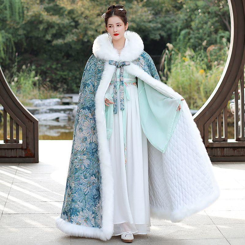 Hanfu Cloak Cape Wool Shawl Winter Fur Collar Antique Thickened Warm Long Chinese Style Coat Women's Winter