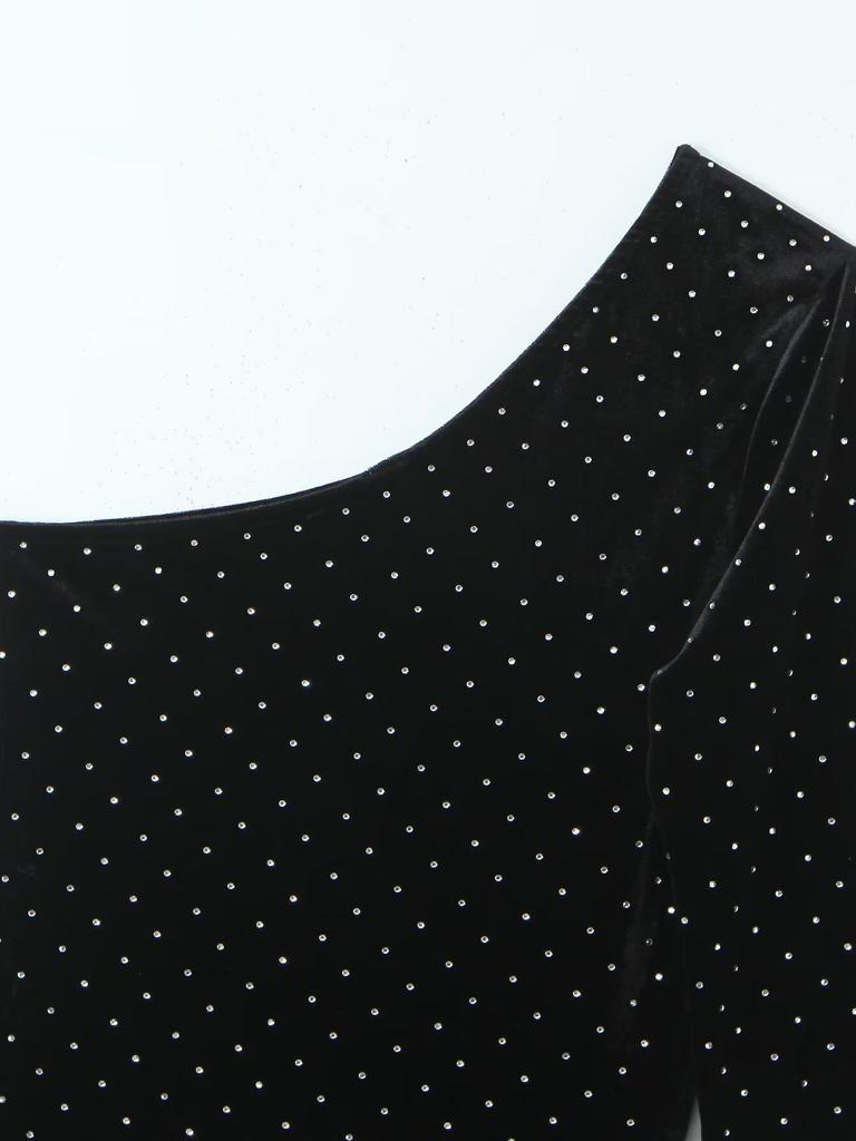 2024 Fall Women's European & American Style Slim One-Shoulder Beaded Velvet Dress