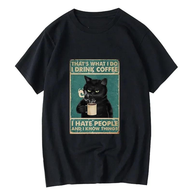 Women Tshirt Funny Cat Drinking Coffee Printing Summer Casual Cool Loose Women Oneck Tshirt Women Tops Graphic T Shirts Y2K