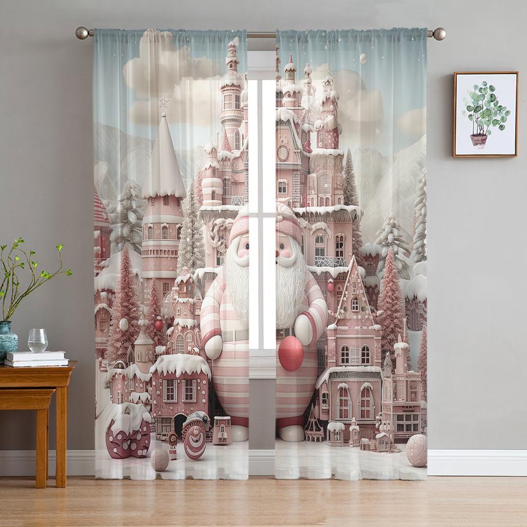 Om de zăpadă de Crăciun Scenă de zăpadă Casă roz Perdele transparente Decorațiuni pentru casă de Crăciun Perdele din tul pentru fereastră pentru sufragerie dormitor