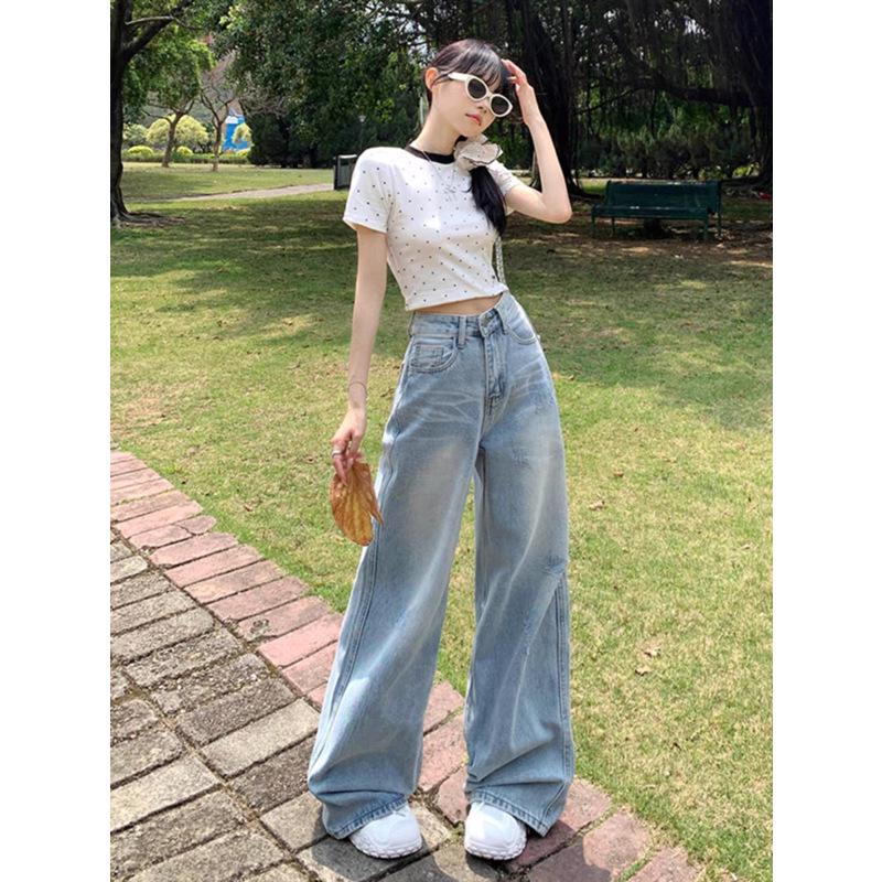 Spring/Summer 2024 Light Ripped High-Waist Wide-Leg Jeans for Women