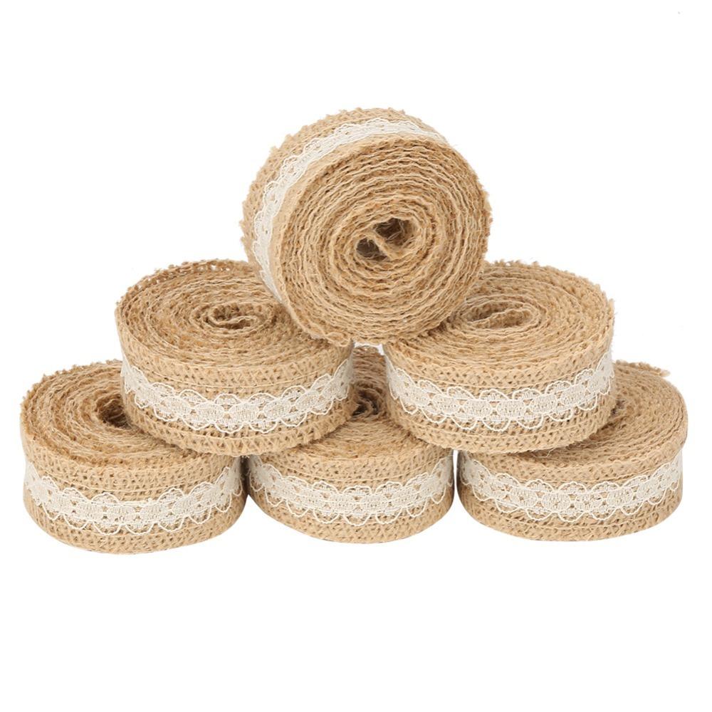 6pcs 2M/Roll Burlap Rolls White Lace Rustic Style Hessian Jute Ribbon Decorative Ribbon Yellow Jute Jute Burlap Ribbon L